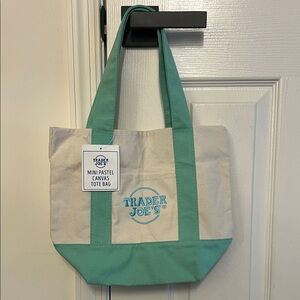 NWT Trader Joe's Pastel Green and Cream Mini Canvas Tote Bag